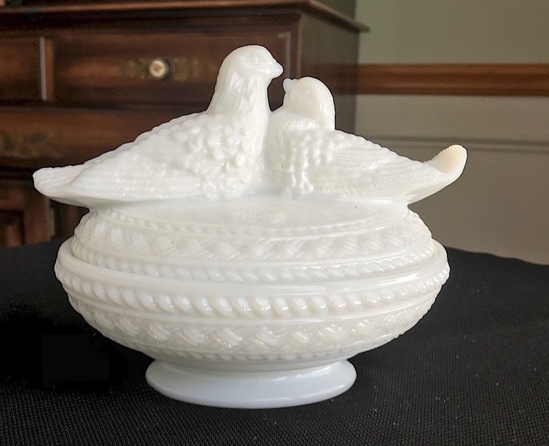 Milk Glass Love Birds on Nest Covered Dish for How to Identify and Value Vintage Milk Glass